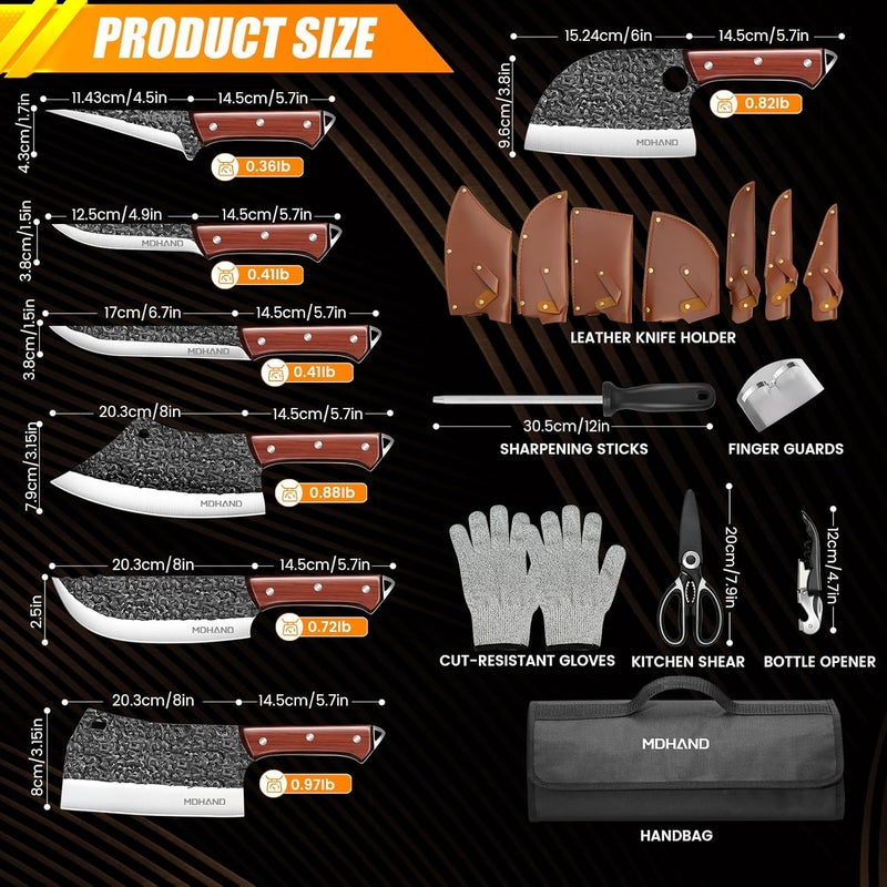 MDHAND 14PCS Butcher Knife Set, Hand Forged Butcher Chef Knife Set with Roll Bag, Sharp Meat Cleaver Knife & Bone Chopper Knives & Fillet Knives for Home & Camping & BBQ Gift for Men - Image 4